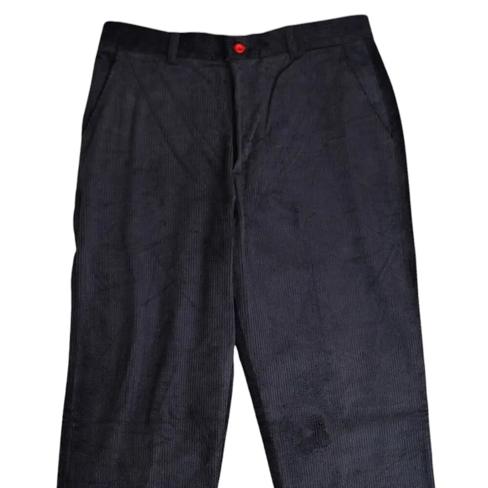 Mens 32 Black Corduroy Pants High Waist Flat Front Straight Fit Trousers NWT